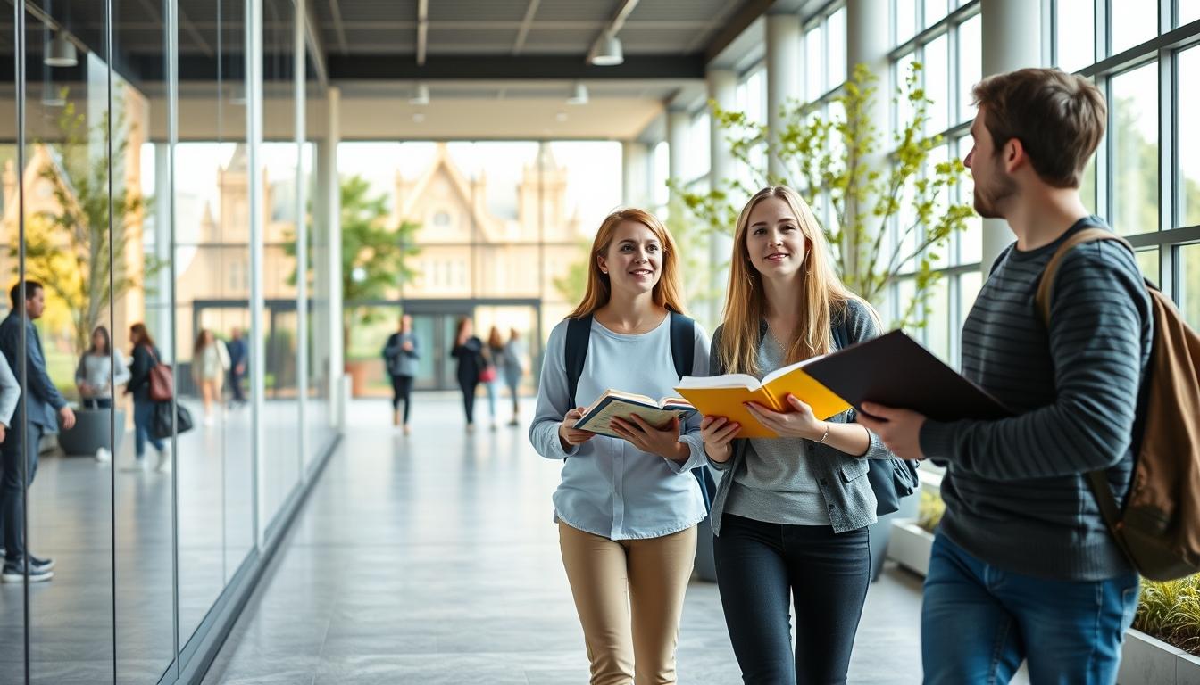 Students studying together in modern classroom